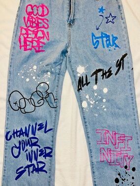 Graphic Light Wash Women’s Jeans with Pink & Blue Graffiti